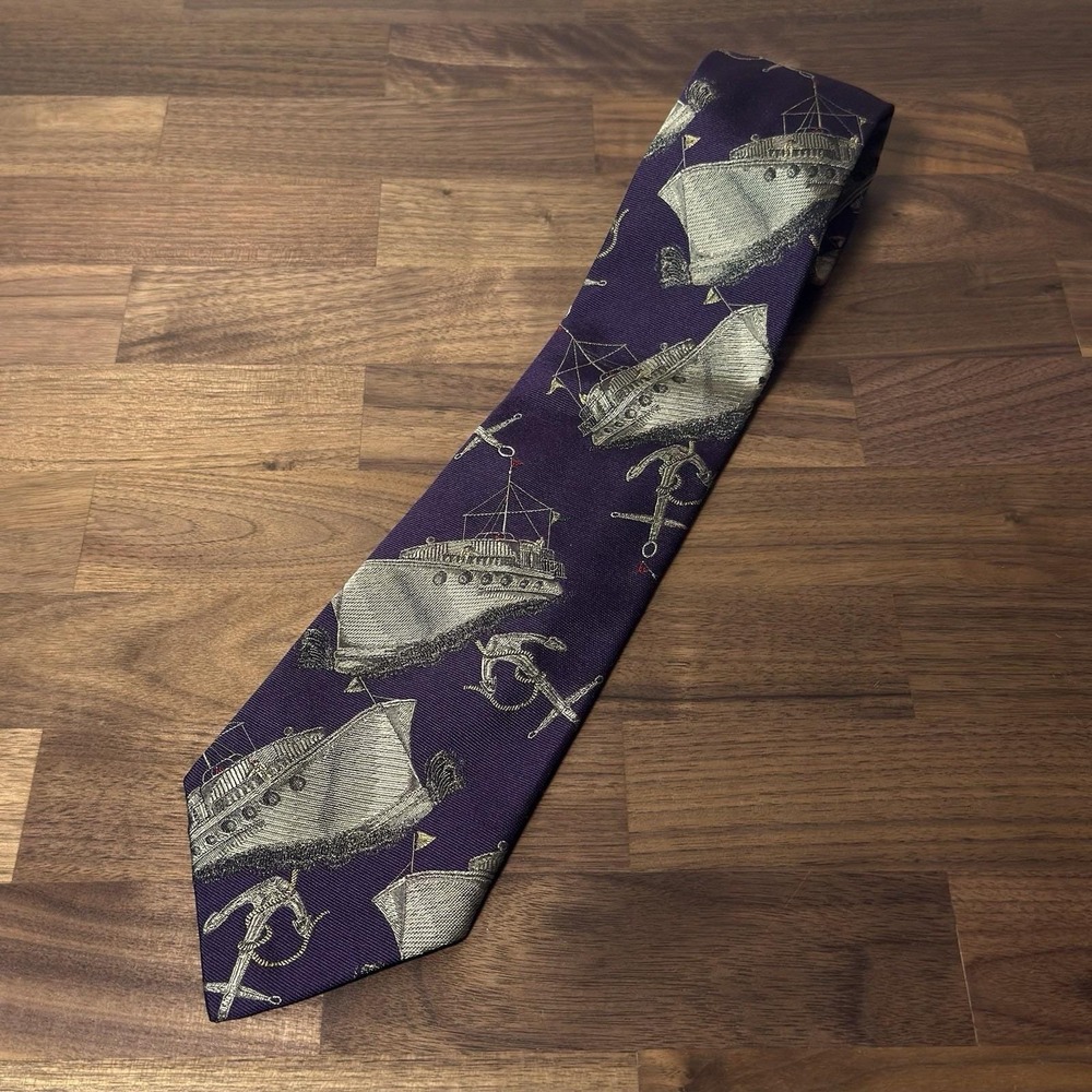 Vintage Polo Ralph Lauren Anchor Ship Boat Silk Tie Handmade in USA Nautical